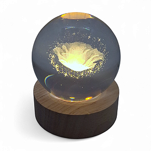 Bola de Cristal Luminária Flor com Base de Madeira 6 cm