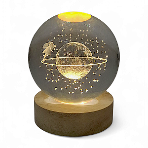 Bola de Cristal Luminária Sonho Lindo e Base de Madeira 8 cm