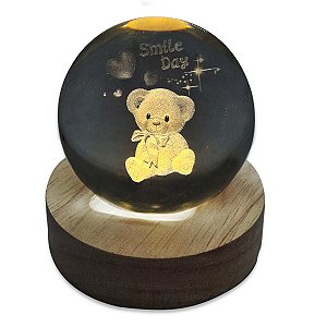 Bola de Cristal Luminária Ursinho com Base de Madeira 6 cm