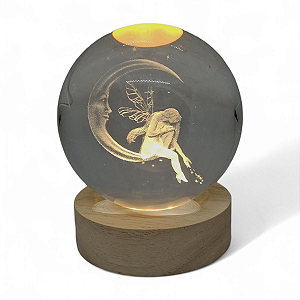 Bola de Cristal Luminárial Fada e Lua com Base Madeira 6 cm