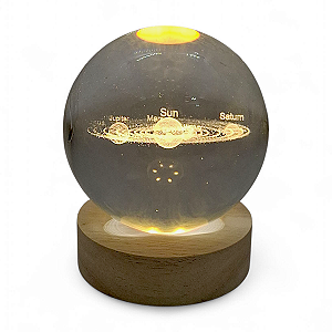 Bola de Cristal Luminárial Planetas com Base Madeira 8 cm