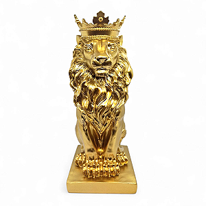 Estatueta Leão Dourado Brilhante com Coroa de Resina 36 cm