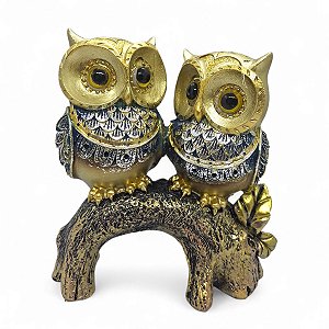 Estátueta Corujas de Resina Dourada Detalhadas 16 cm