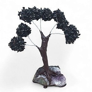 Árvore Pedra Turmalina Negra com Base Drusa Ametista 17 cm