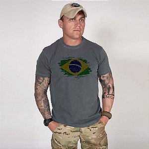 Camisa de Algodão Estonada Chumbo Bandeira Brasil