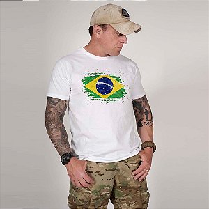 Camisa de Algodão Estonada Branca Bandeira Brasil