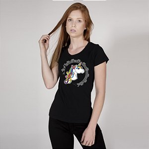 Baby Look  Feminina de Algodão Estonada Preta Tactical Unicorn