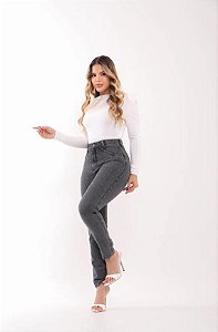 Calça Mom Jeans Feminina Cinza com Brilho