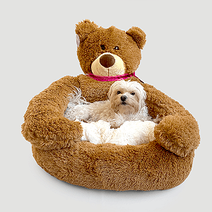 Cama de Pelúcia para Pets Urso Marrom com Laço Rosa