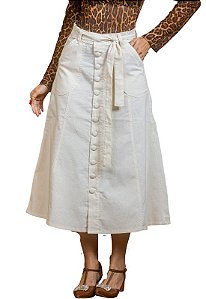 Saia Midi Botões Forrados Linho Slim