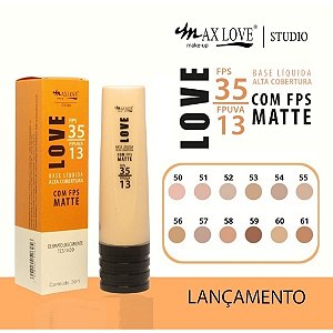 BOX C/ 42 BASE LÍQUIDA MATTE ALTA COBERTURA FPS 35 MAX LOVE — TONS SORTIDAS 56 AO 61