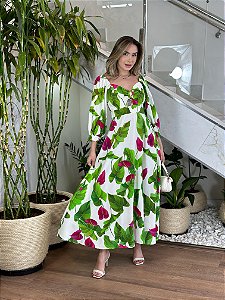 VESTIDO LONGO MANGA FOLHA DE ANTURIO