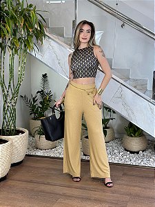 CALÇA WIDE LEG COM ELASTICO E MINI LOGO