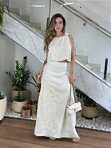 CONJ. TOP E CALÇA SOBREPOSIÇÃO BORDADA