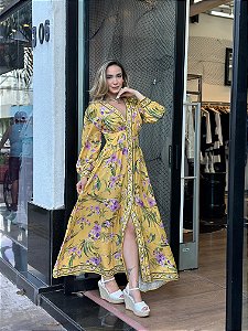 VESTIDO LONGO MANGA PASSARO EM FLOR