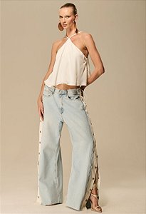 CALÇA WID LEG RENDA LATERAL COM BOTÃO