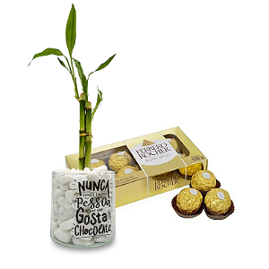 Bambu da Sorte com Vaso em Vidro + Caixa de Chocolate Ferrero Rocher