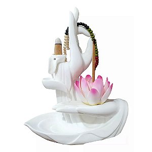 Incensário Cascata de Fumaça Mãos de Buda com Flor de Lótus (Branco)