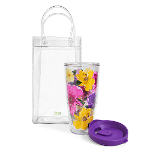 Kit Presente Sacola Cristal e Copo com Tampa Click (Mix Flowers)