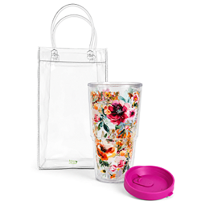Kit Presente Sacola Cristal e Copo com Tampa Click (Flower Art)