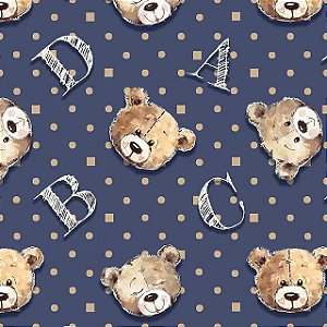 Tecido Tricoline Digital Coleção Teddy Bear - Rostos Ursos Fundo Marinho