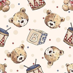 Tecido Tricoline Digital Coleção Teddy Bear - Rostos Ursos Fundo Bege