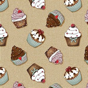 Tecido Tricoline Digital Coleção CupCakes - Cupcake Fundo Bege