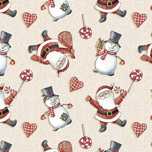 Tecido Tricoline Digital Coleção Natal - Noel e Snow Fundo Bege