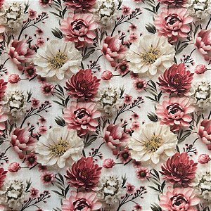 Tecido Tricoline Digital - Floral Rosa