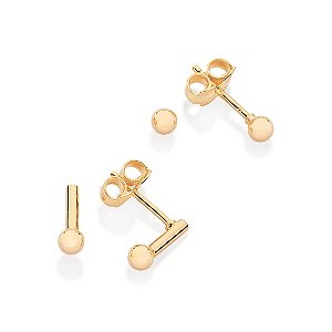 Kit Rommanel Brinco Palito com Esferas Ouro 18K
