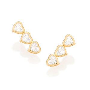 Brinco Rommanel Ear Cuff Corações com Zircônias Ouro 18K