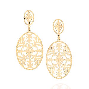Brinco Rommanel Oval Trabalhado Ouro 18K