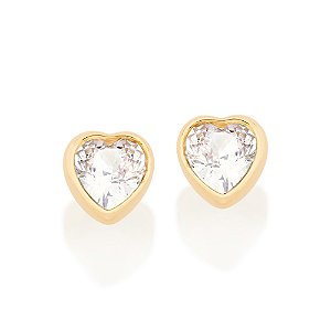 Brinco Rommanel Solitário Coração com Zircônias Ouro 18K