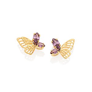 Brinco Rommanel Borboleta com Zircônias Ouro 18K