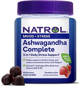 Ashwagandha 125mg, 3 em 1 Daily Stress Support, 30 Gomas Sabor Morango, Natrol