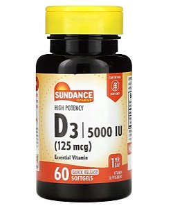 Vitamina D3 Alta Potência, 125mcg, 5000UI, 60 Cápsulas, Sundance