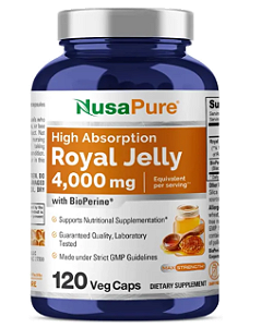 Royal Jelly 4000mg Com Bioperine, Geleia Real, 120 cápsulas, NusaPure