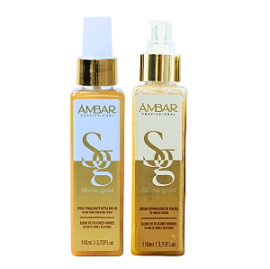 Kit Âmbar Professional Shine Gold – Spray Finalizador Ultra Brilho 110ml + Sérum Reparador de Pontas 110ml