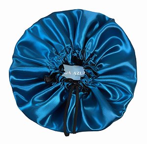 Touca De Cetim Antifrizz Dupla Face Ajustável - Azul Turquesa e Preto