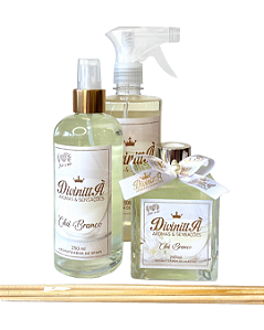 Kit Aromatizador Spray, Água de Lençol e Varetas - Chá Branco