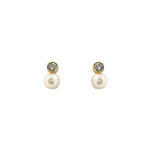 Brinco de Diamante 6 pts com Pérola Natural 4,5mm Ouro 18k