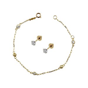 Conjunto de Pulseira em Ouro18k com Bolinhas e Pedras zircônias + Brinco de Ouro 18k com Pedra Branca Zircônia 2,5mm Baby