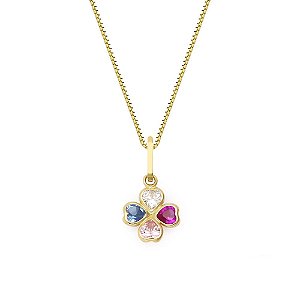 Conjunto de Ouro 18K com Gargantilha 45cm Veneziana e Pingente Trevo Colorido em Zircônias