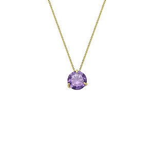 Conjunto Ponto de Luz de Ouro 18K com Gargantilha de 45cm e Pedra Lilás Zircônia