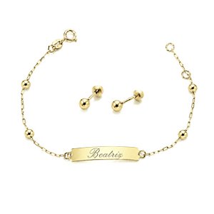 Conjunto de Ouro com Brinco de Bolinha 3mm + Pulseira de Chapinha com bolinha 3mm