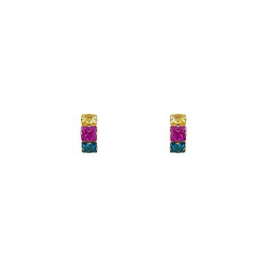 Brinco 3 Pedras Coloridas 3x3mm Zircônias em Ouro 18k