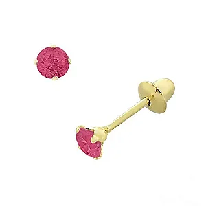 Brinco de Ouro 18K com Pedra Vermelha/Rosada de Zircônia 3MM