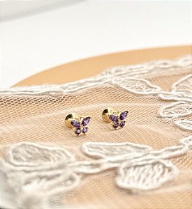 Brinco Ouro 18k Borboleta Baby Roxa