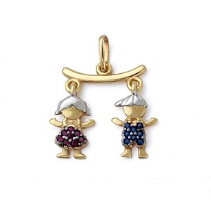 Pingente Canga com Casal Menina / Menino com Zircônia Rosa e Azul Ouro 18k