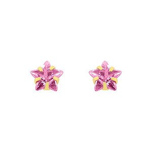 Brinco Ouro 18K com Pedra de Zircônia Estrela Rosa 4x4mm